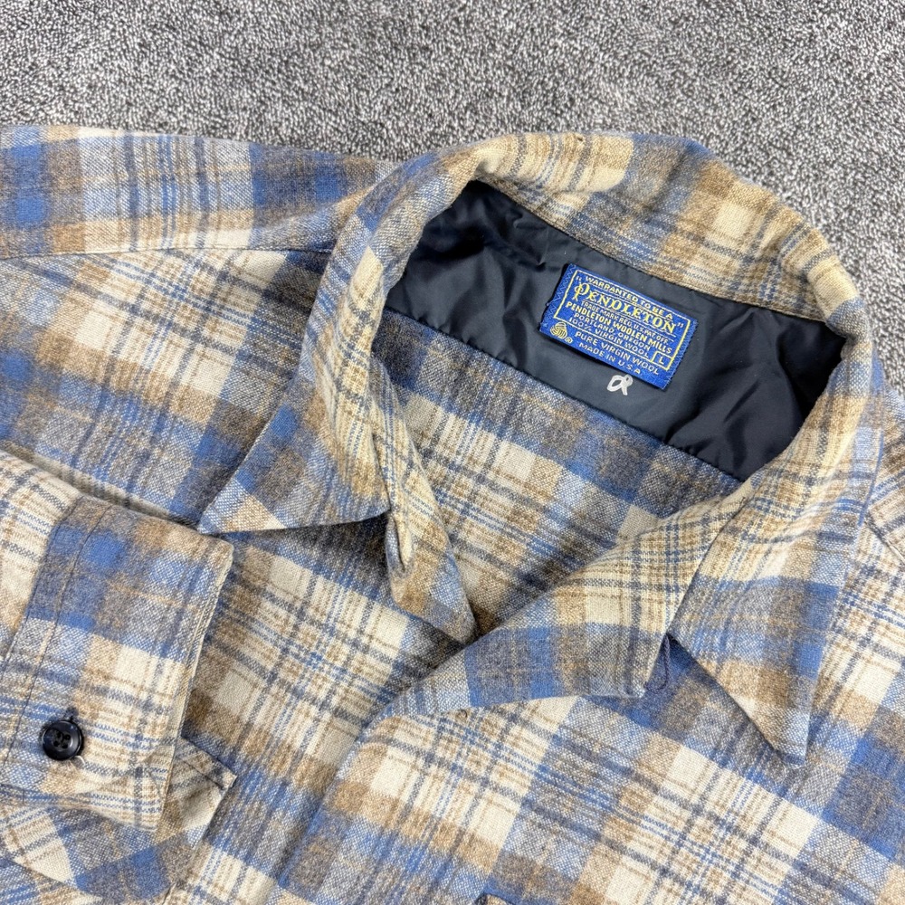 Pendleton Board Shirt Mens Large Blue Tan Plaid 100% Virgin Wool Made in USA